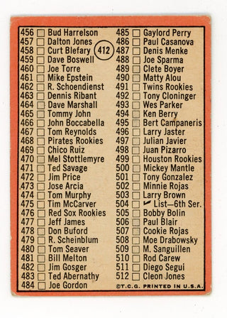 Topps Baseball 5th Series Check List #412 Card