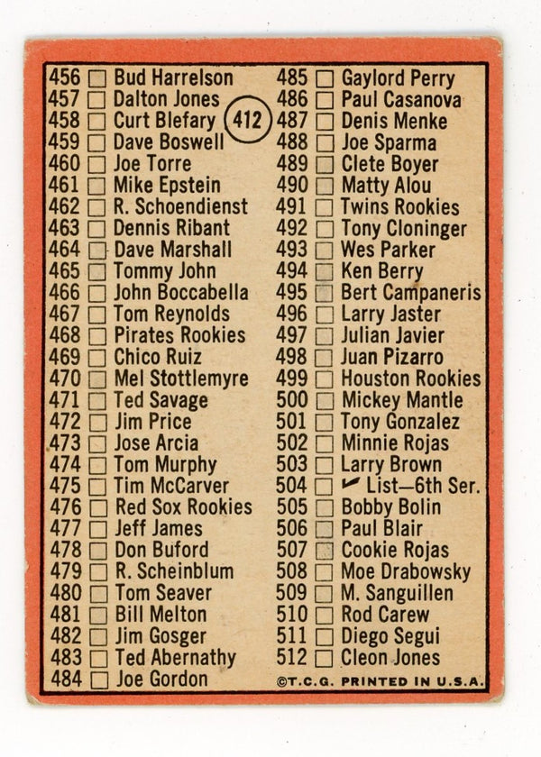 Topps Baseball 5th Series Check List #412 Card