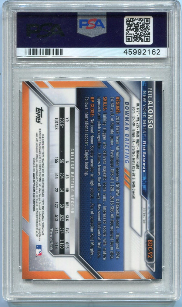 Pete Alonso 2016 Bowman Draft Chrome Refractor RC PSA Graded 10 BDC-92