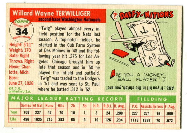 Wayne Terwilliger 1955 Topps #34 Card