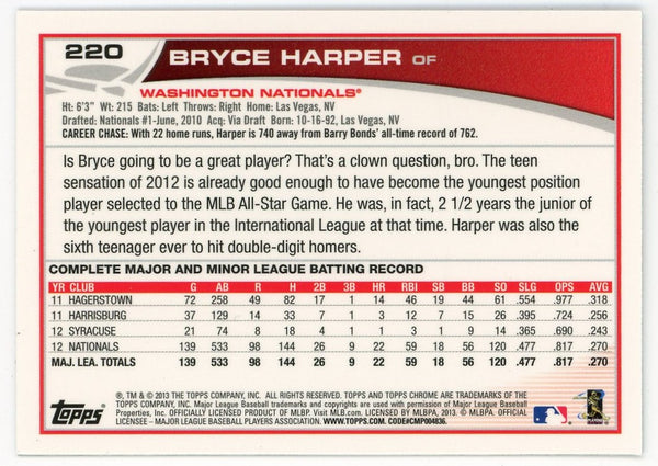 Bryce Harper 2013 Topps Chrome Silver #220 Card