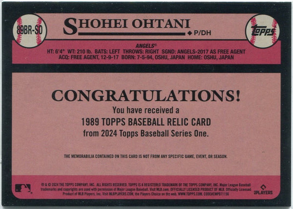 Shohei Ohtani 2024 Topps 1989 Throwback Relic Black Border Card  181/199