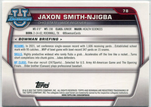 Jaxon Smith-Njigba 2022 Bowman Chrome University RC #78