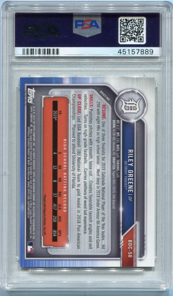 Riley Greene 2019 Bowman Draft Chrome Sparkle Refractor RC #BDC-50 PSA Graded 9