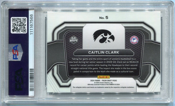 Caitlin Clark 2024 Panini Prizm Draft Picks Campus Legends RC #5 PSA Graded 9