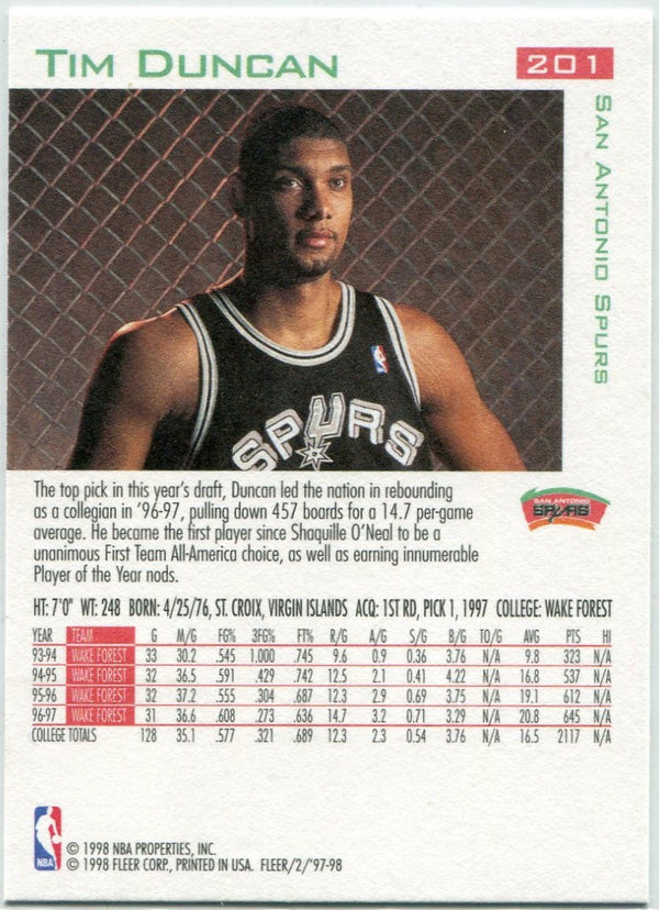 Tim Duncan 1997 - 1998 Fleer RC #201