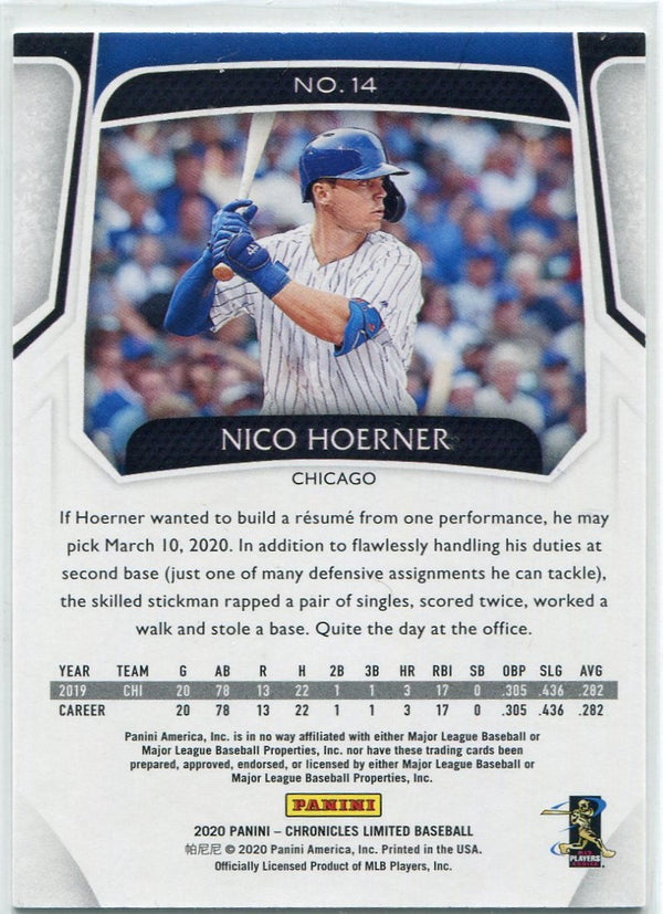 Nico Hoerner 2020 Panini Chronicles Limited Gold Parallel RC #14 10/10