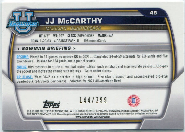JJ McCarthy 2022 Bowman Chrome University Aqua Wave Refractor RC #48 144/299