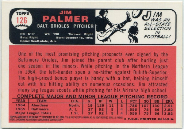 Jim Palmer 2001 Topps Archives Reserve Refractor Card #92