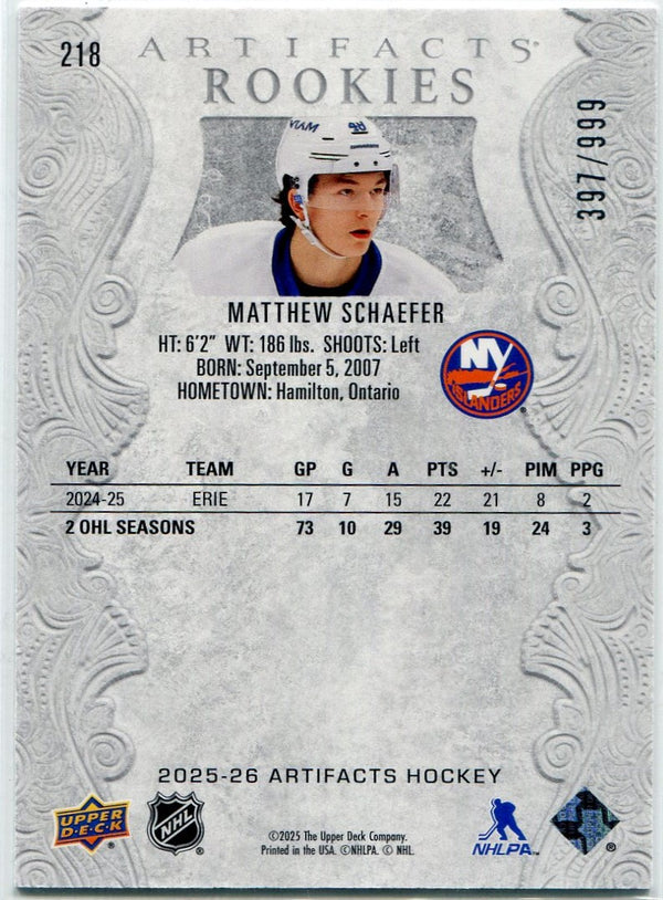 Matthew Schaefer 2025 - 2026 Upper Deck Artifacts RC #218 397/999