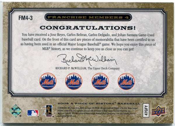 Jose Reyes/Carlos Beltran/Carlos Delgado/Johan Santana 2008 Upper Deck Piece Of History Quad Jersey Card #FM4-3 89/99