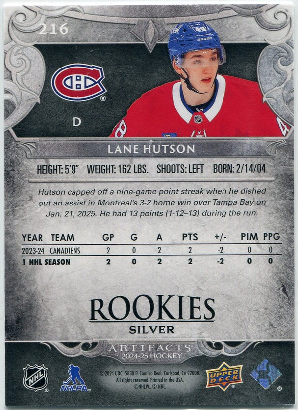 Lane Hutson 2024 - 2025 Upper Deck Artifacts Silver Parallel RC #216 349/899