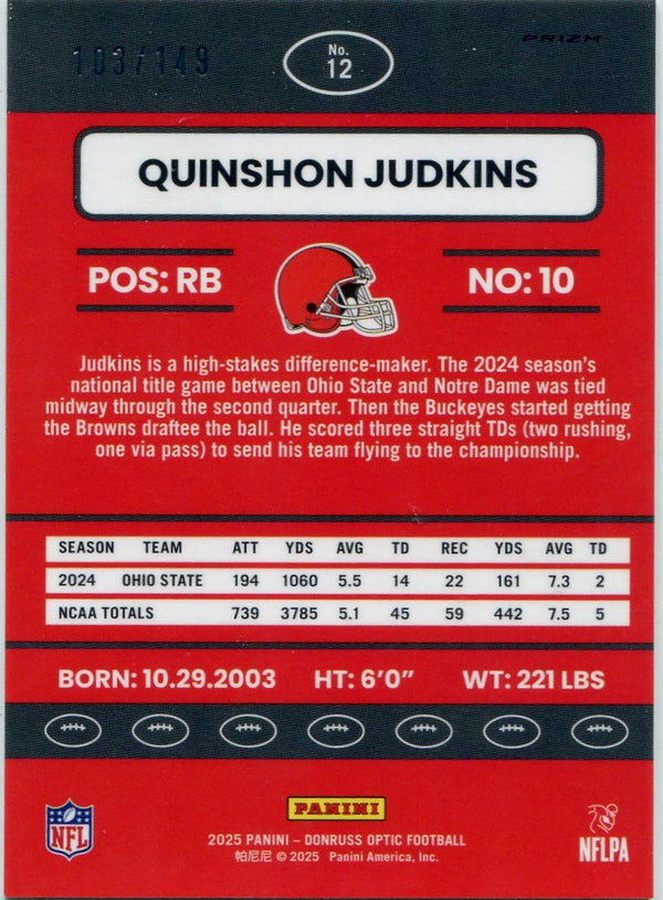 Quinshon Judkins 2025 Panini Donruss Optic Black Pandora Prizm RC #12 103/149