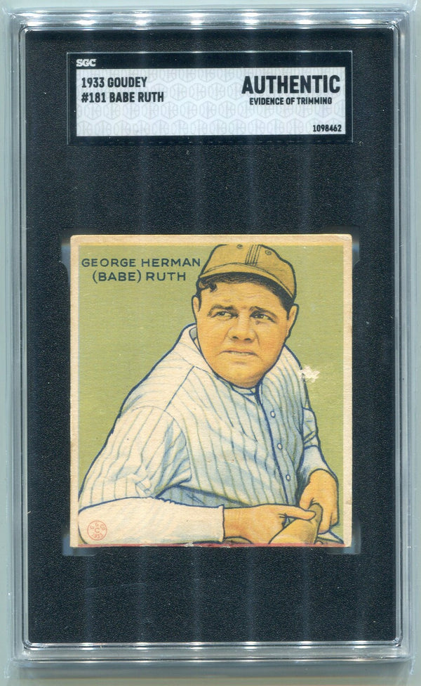 Babe Ruth 1933 Goudey Card #181 SGC Graded Authentic Hollywood