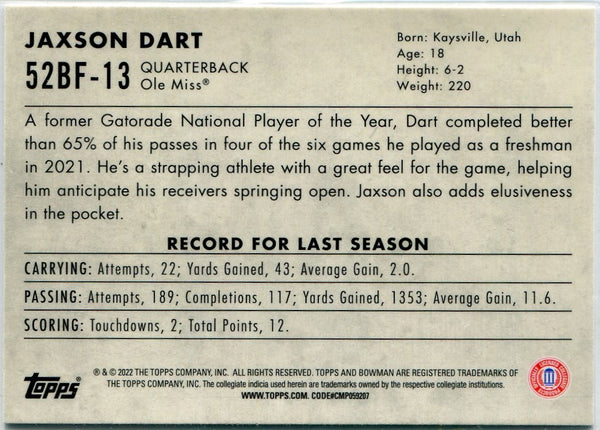 Jaxson Dart 2022 Bowman Chrome U 1952 Bowman RC #52BF-13