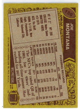 Joe Montana 1986 Topps Card #156