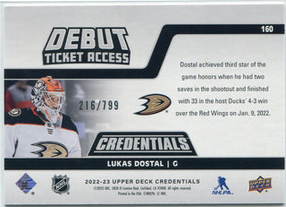 Lukas Dostal 2022 - 2023 Upper Deck Credentials Debut Ticket Access RC #160 216/799