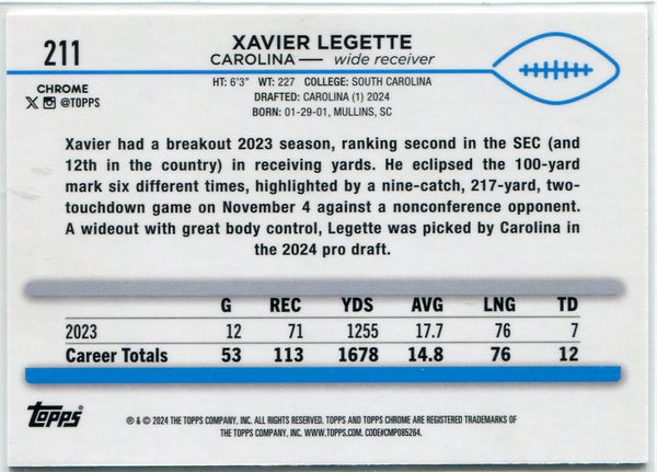Xavier Legette 2024 Topps Chrome Green Geometric Refractor RC #211 55/99