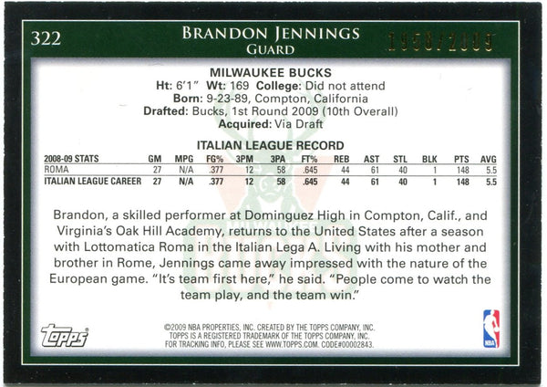 Brandon Jennings Topps Rookie Card Gold 1958/2009