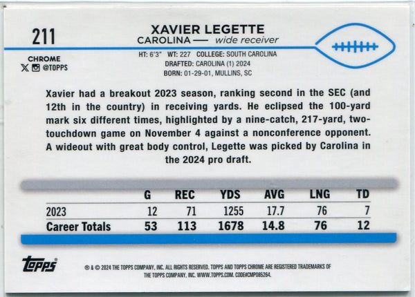 Xavier Legette 2024 Topps Chrome Gold Geometric Refractor RC #211 50/50