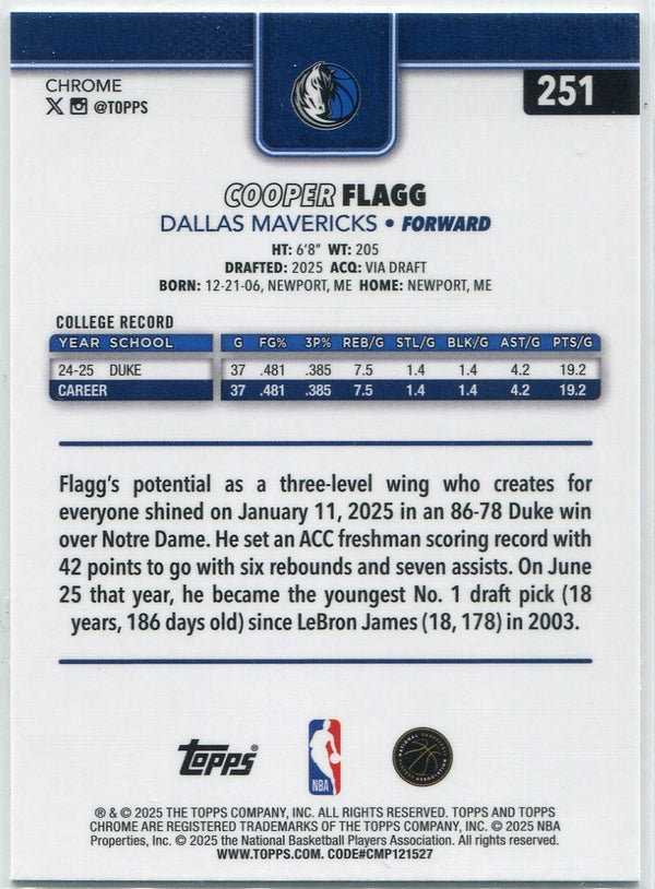 Cooper Flagg 2025 - 2026 Topps Chrome RC #251
