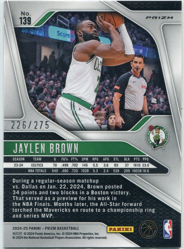 Jaylen Brown 2024 - 2025 Panini Prizm White Lazer Prizm Card #139 226/275