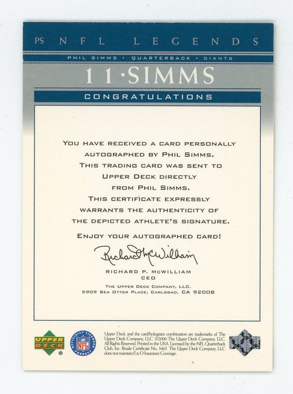 Phil Simms 2000 Upper Deck NFL Legends Card