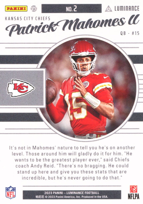 Patrick Mahomes II 2023 Panini Luminance Card #2 #3/100