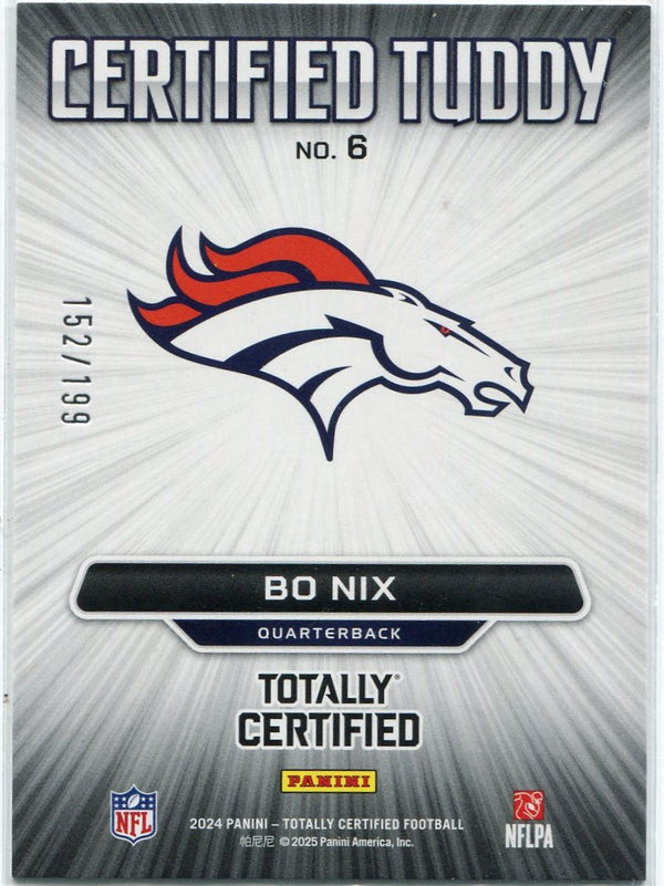Bo Nix 2024 Panini Totally Certified Certified Tuddy Mirror Blue Parallel RC #6 152/199