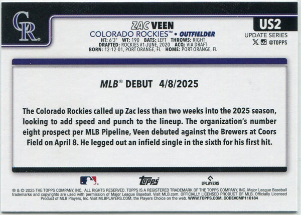 Zac Veen 2025 Topps Update Dynamite Parallel RC #US2