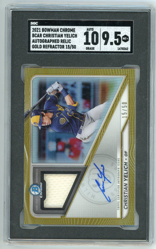 Christian Yelich 2021 Bowman Chrome Autographed Relic Gold Refractor SGC 10 SGC 9.5