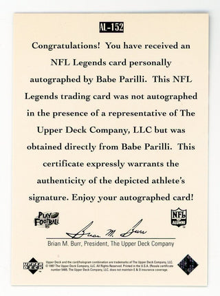 Babe Parilli 1997 Upper Deck Autographed #AL-152 Card