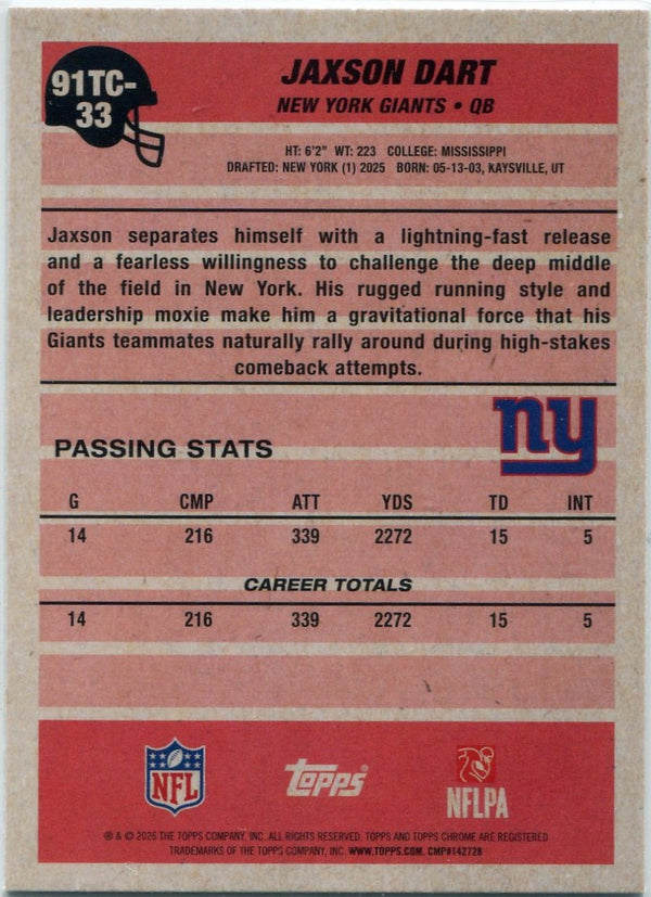 Jaxson Dart 2026 Topps Flagship Silver Pack Card #91TC-33