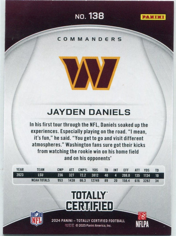 Jayden Daniels 2024 Panini Totally Certified Mirror Purple Parallel RC #138