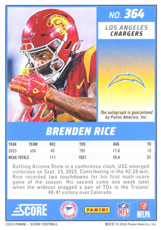 Brenden Rice 2024 Panini Score Rookie Autographed Card