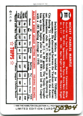 Mickey Mantle 1990 The Hamilton Collection 1952 Porcelain Card #D0904