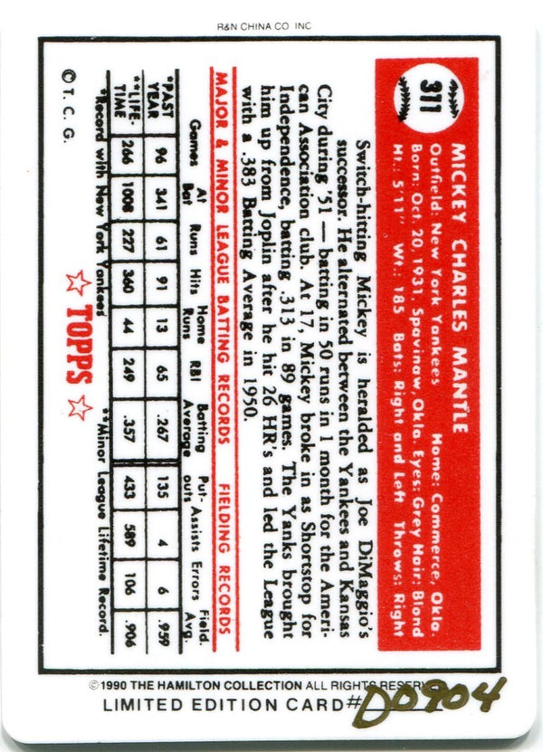 Mickey Mantle 1990 The Hamilton Collection 1952 Porcelain Card #D0904