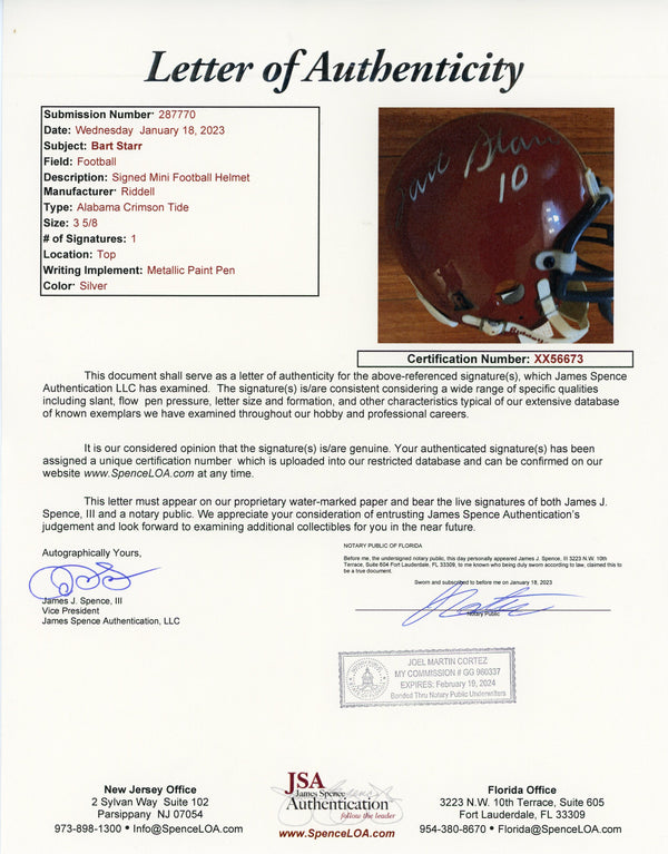 Bart Starr Autographed Alabama Crimson Tide Mini Helmet (JSA)