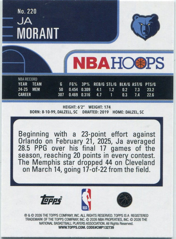 Ja Morant 2025 - 2026 Topps Hoops Pixel Burst Blue Parrallel Card #220 57/149