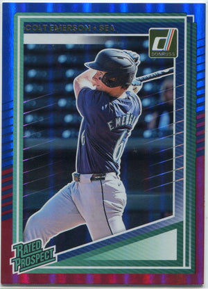 Colt Emerson 2025 Panini Donruss Rated Prospect Red & Blue Parallel RC #180