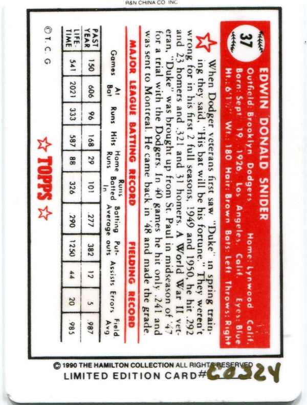 Duke Snider 1990 The Hamilton Collection 1952 Porcelain Card #E0324