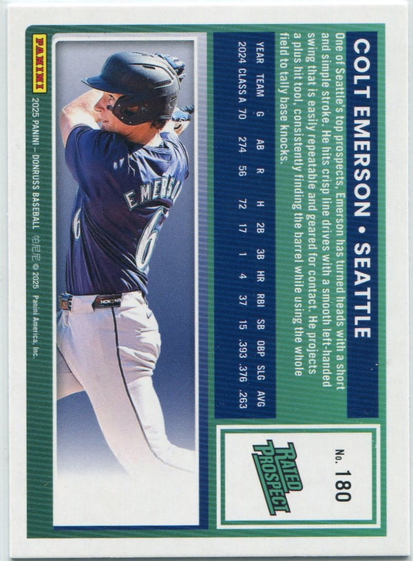 Colt Emerson 2025 Panini Donruss Rated Prospect Red & Blue Parallel RC #180
