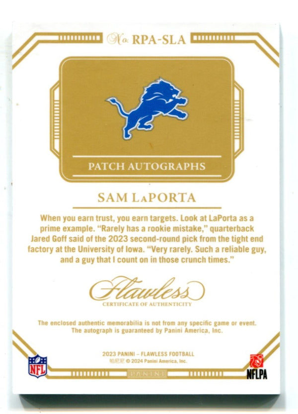 Sam LaPorta 2023 Panini Flawless Autographed Jersey Patch #RPASLA /20 Card