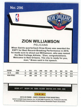 Zion Williamson 2019-20 NBA Hoops Premium Stock Rookie Card #296
