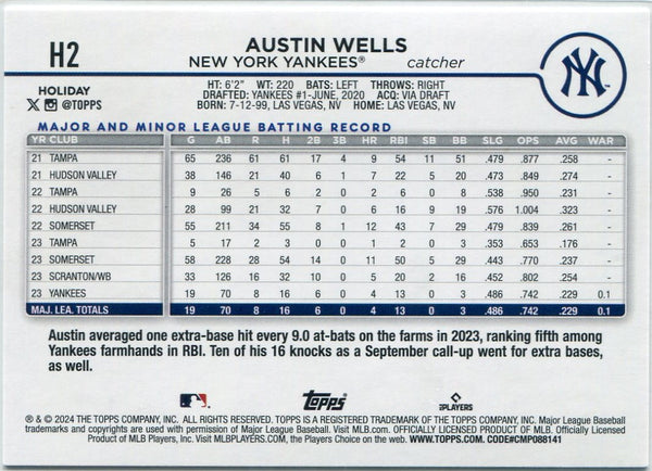 Austin Wells 2024 Topps Holiday Evergreen Tree SP RC #H2