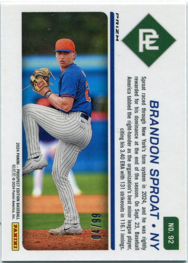 Brandon Sproat 2024 Panini Prospect Edition Purple Prizm RC #92 4/99
