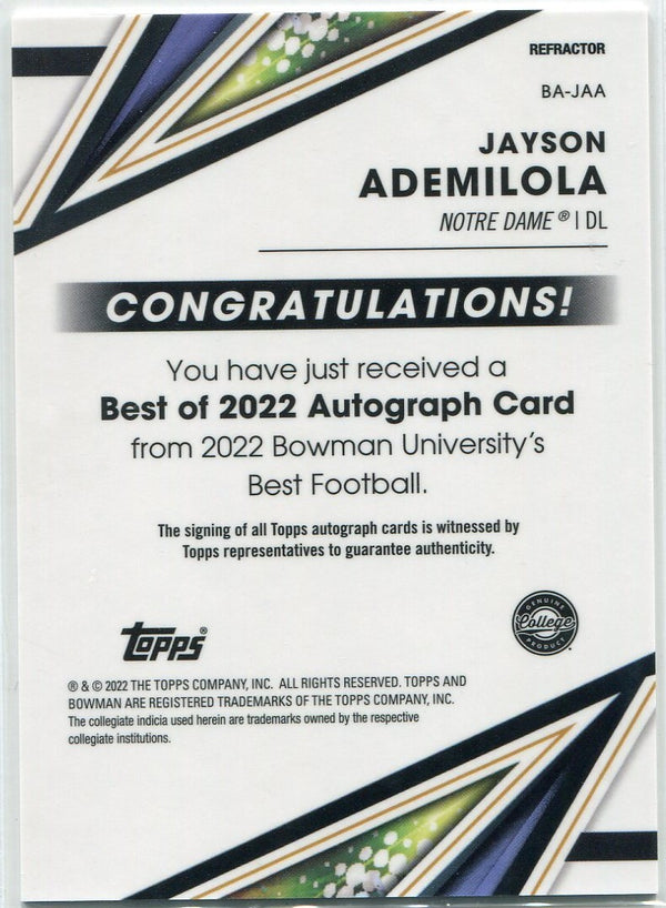 Jayson Ademilola 2022 Bowman Chrome University Autographed Refractor RC #BA-JAA
