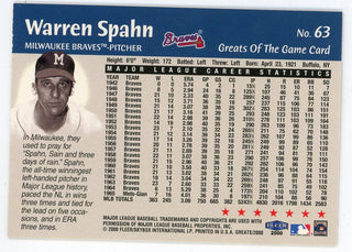 Warren Spahn 2000 Fleer Greats of the Game #63