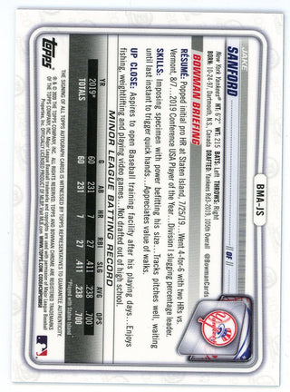 Jake Sanford Autographed 2022 Topps Bowman Chrome Blue Card #BMA-JS