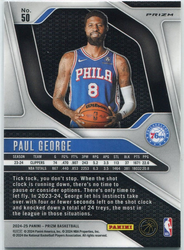 Paul George 2024 - 2025 Panini Prizm Pink Cracked Ice Prizm Card #50